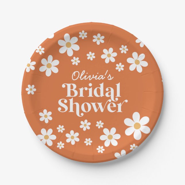 Retro Daisy burnt orange bridal shower Paper Plate (Front)