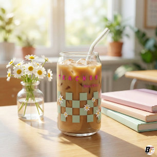 Retro Daisy Chequerboard Personalised Teacher Iced Can Glass