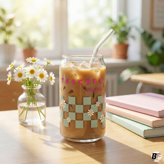 Retro Daisy Chequerboard Personalised Teacher Iced Can Glass (Creator Uploaded)