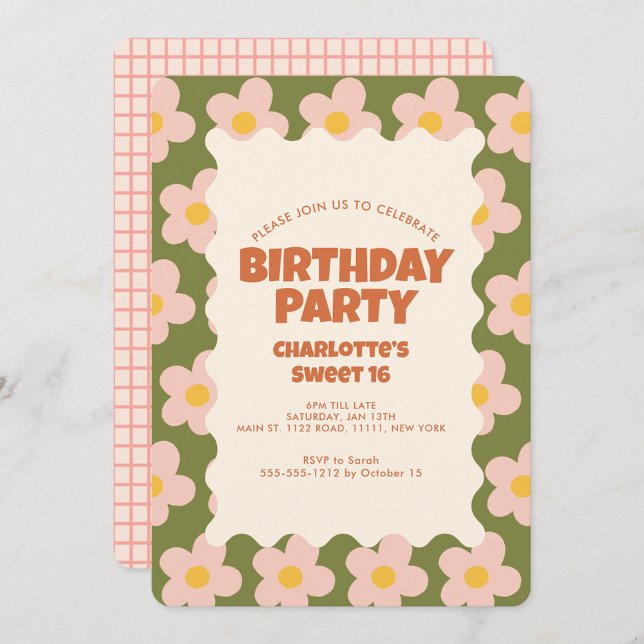 Retro Daisy Chequered Sweet 16 Birthday Party  Invitation (Creator Uploaded)