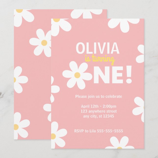 Retro Daisy First Birthday Party Invitations (Front/Back)
