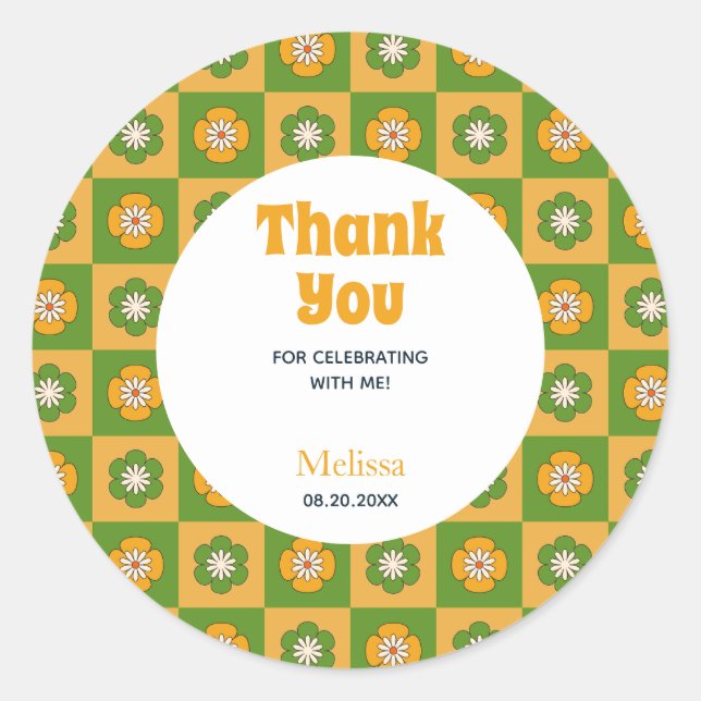 Retro Daisy Floral Chequered Birthday Thank You Classic Round Sticker (Front)