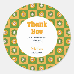Retro Daisy Floral Chequered Birthday Thank You Classic Round Sticker