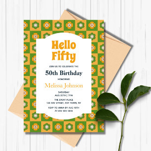 Retro Daisy Floral Chequered Hello Fifty Birthday Invitation