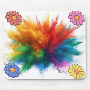 Retro Daisy Floral Colourful Powder Burst White Mouse Mat