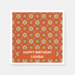 Retro Daisy Floral Orange Personalised Birthday Napkin