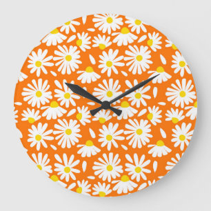 Retro daisy floral: orange vintage. large clock