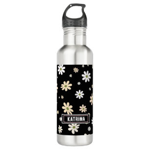 Retro Daisy Floral Pattern Boho Personalised Black 710 Ml Water Bottle