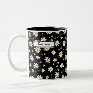 Retro Daisy Floral Pattern Boho Personalized Black Two-Tone Coffee Mug