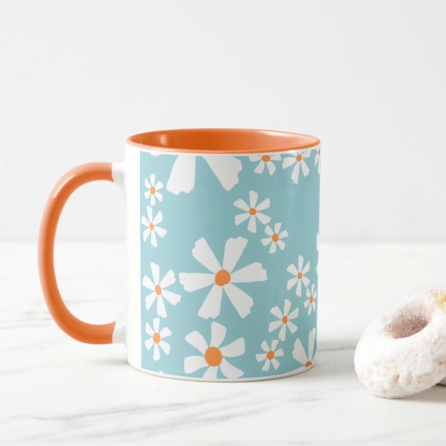 Retro Daisy Floral Pattern Coffee Mug Teal  (With Donut)