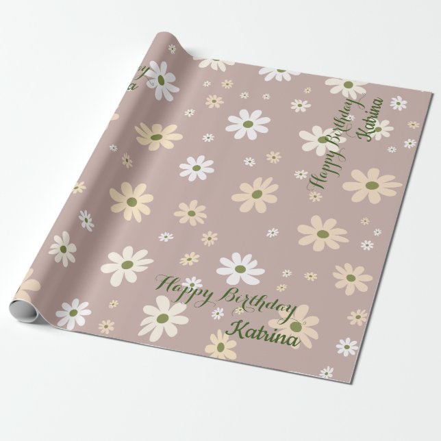 Retro Daisy Floral Pattern  Personalised Birthday Wrapping Paper (Unrolled)