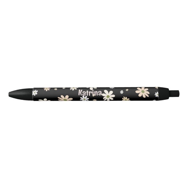 Retro Daisy Floral Pattern Personalised Black Ink Pen (Front)