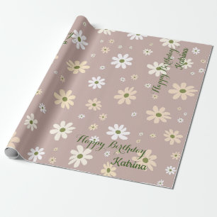 Retro Daisy Floral Pattern  Personalized Birthday Wrapping Paper