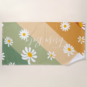 Retro Daisy Floral Rainbow Monogram Beach Towel