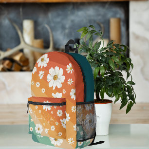 Retro Daisy Floral Rainbow   Monogram Printed Backpack
