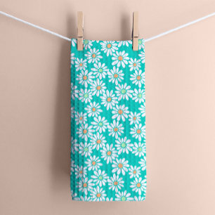 Retro Daisy Florals on Teal Green Tea Towel