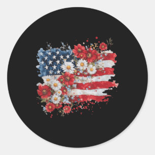 Retro Daisy Flower American Flag Patriotic Women 4 Classic Round Sticker