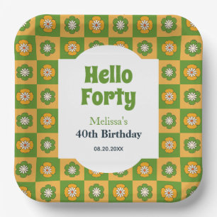 Retro Daisy Flower Chequered Hello Forty Birthday Paper Plate
