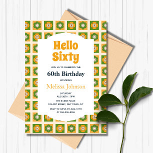 Retro Daisy Flower Chequered Hello Sixty Birthday Invitation