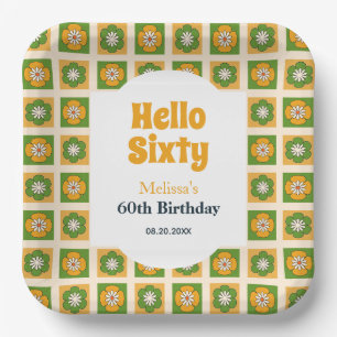 Retro Daisy Flower Chequered Hello Sixty Birthday Paper Plate