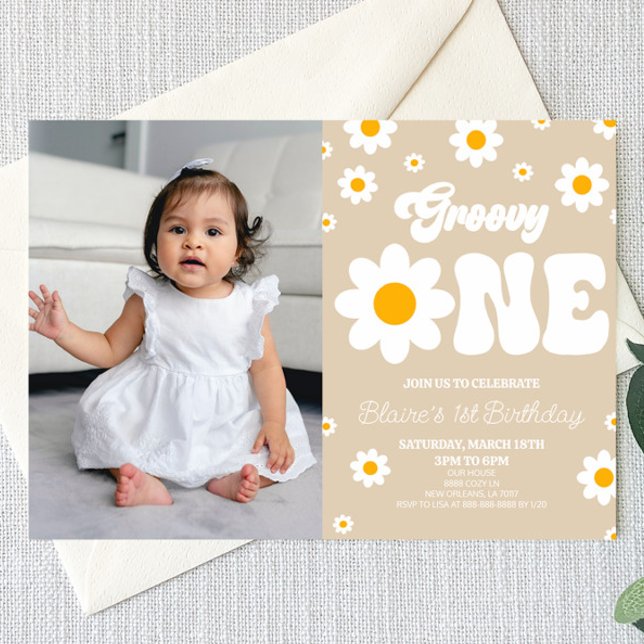 Retro Daisy Flower Groovy One 1st Birthday Party Invitation (Creator Uploaded)