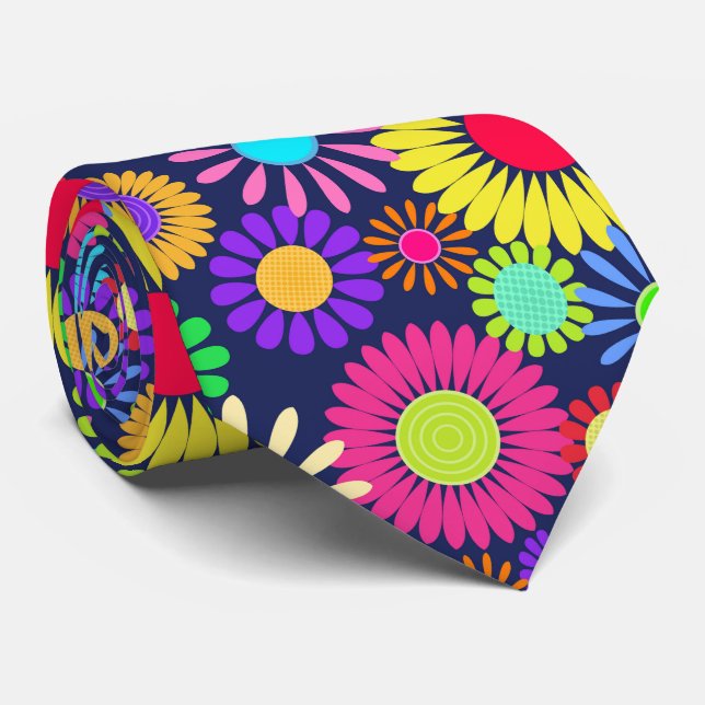 Retro Daisy Flower Sixties Surface Pattern Tie (Rolled)