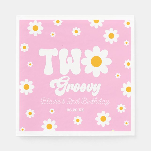 Retro Daisy Flower Two Groovy 2nd Birthday Party Napkin (Front)