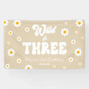 Retro Daisy Flower Wild & Three 3rd Birthday Party Banner