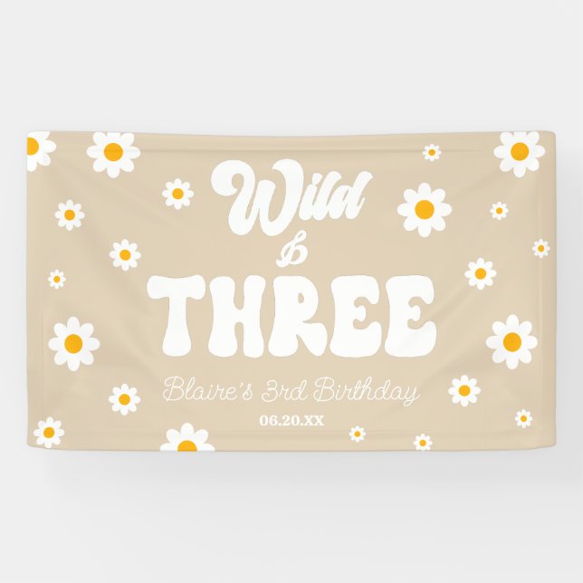 Retro Daisy Flower Wild & Three 3rd Birthday Party Banner (Horizontal)