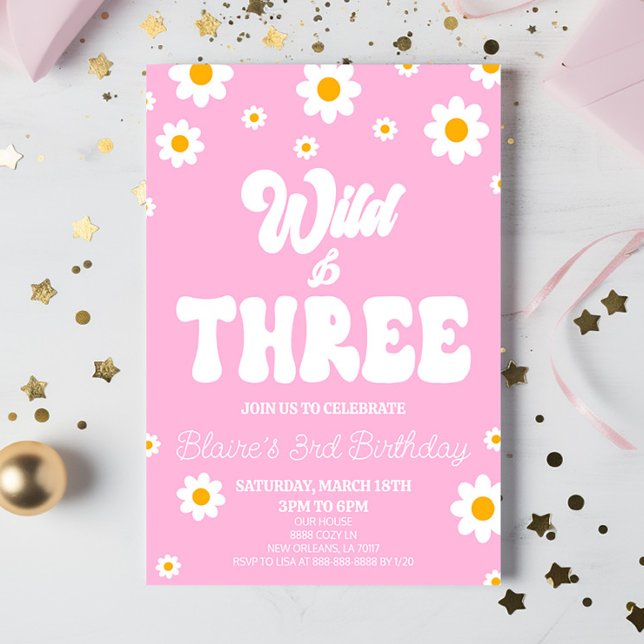 Retro Daisy Flower Wild & Three 3rd Birthday Party Invitation (Creator Uploaded)