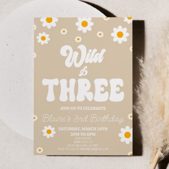 Retro Daisy Flower Wild & Three 3rd Birthday Party Invitation (Creator Uploaded)