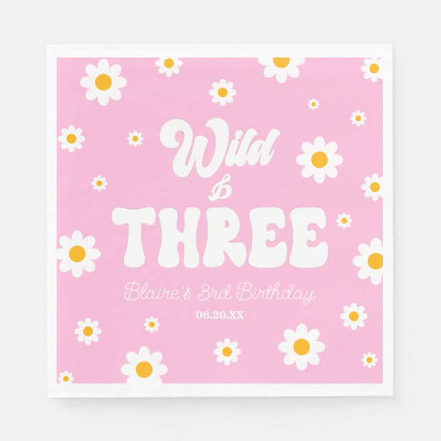 Retro Daisy Flower Wild & Three 3rd Birthday Party Napkin (Front)