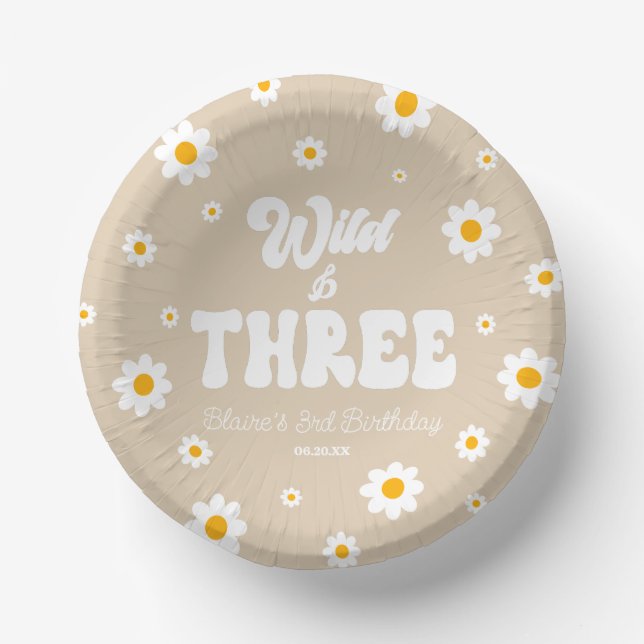 Retro Daisy Flower Wild & Three 3rd Birthday Party Paper Plate (Front)