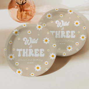 Retro Daisy Flower Wild & Three 3rd Birthday Party Paper Plate
