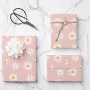 Retro Daisy Flowers Blush Pink Baby Girl Birthday Wrapping Paper Sheet
