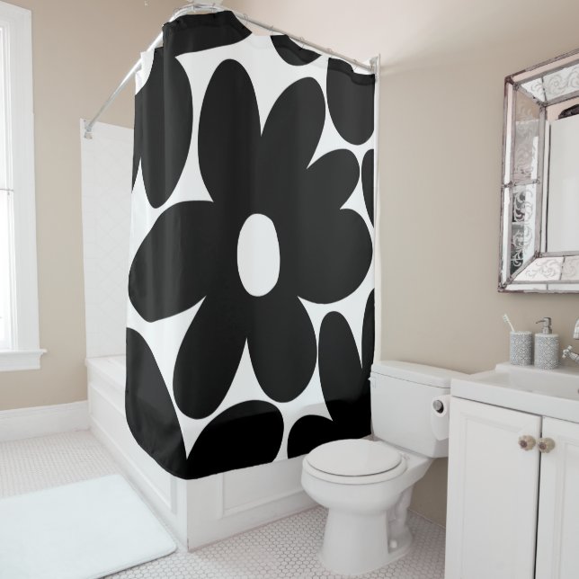 Retro Daisy Flowers in Black & White #1 #floral  Shower Curtain (In Situ)