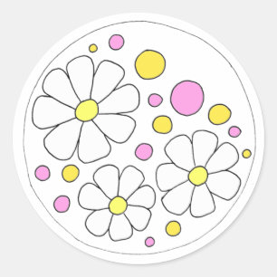 Retro Daisy Flowers with Pink and Yellow Circles Classic Round Sticker