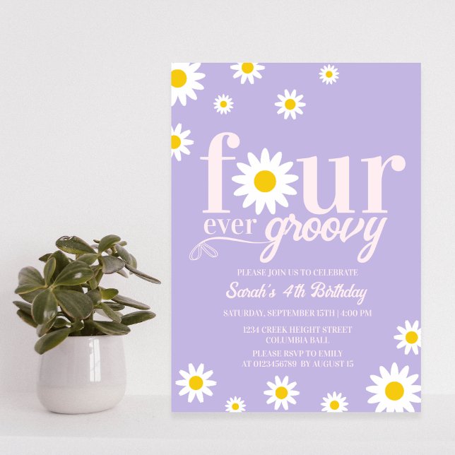 Retro Daisy Four Ever Groovy Purple 4th Birthday Invitation (Creator Uploaded)