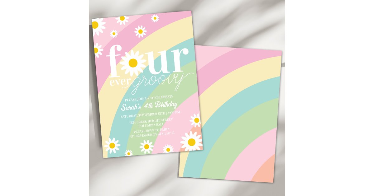 Retro Daisy Four Ever Groovy Rainbow 4th Birthday Invitation | Zazzle