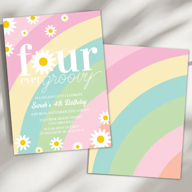 Retro Daisy Four Ever Groovy Rainbow 4th Birthday Invitation | Zazzle