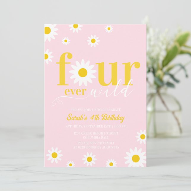 Retro Daisy Four Ever Wild Pink 4th Birthday Invitation (Standing Front)
