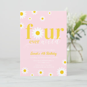 Retro Daisy Four Ever Wild Pink 4th Birthday Invitation