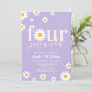 Retro Daisy Four Ever Wild Purple 4th Birthday Invitation
