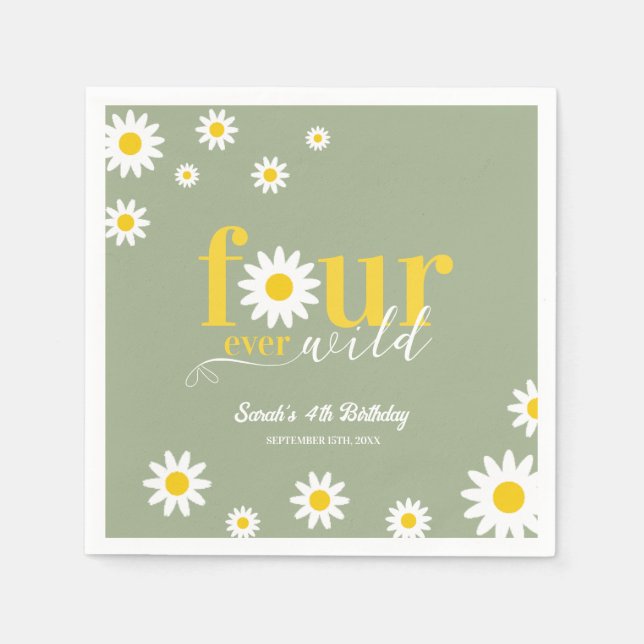 Retro Daisy Four Ever Wild Sage Green 4th Birthday Napkin (Front)