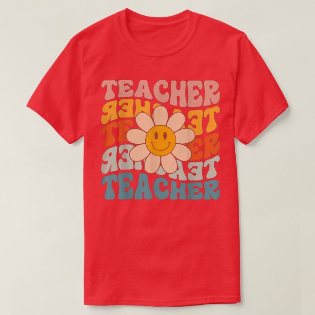 Retro Daisy Groovy Colourful Teacher Student First T-Shirt (Design Front)