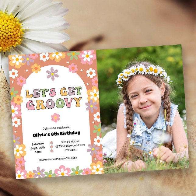 Retro Daisy Groovy Girl's Photo Birthday Party Invitation (Creator Uploaded)