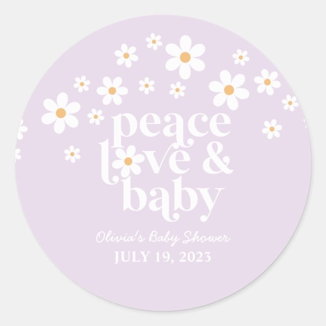 Retro Daisy lavender boho Peace Love Baby Shower Classic Round Sticker (Front)
