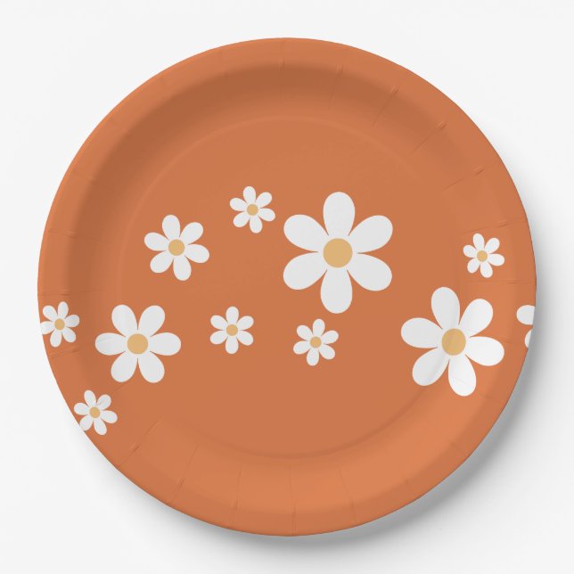 Retro Daisy Light burnt orange Floral Paper Plates (Front)