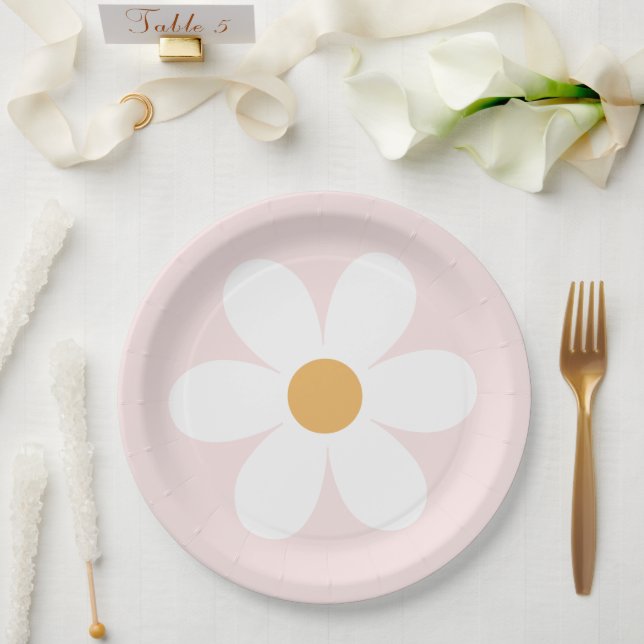 Retro daisy  light pink boho paper plates (Wedding)