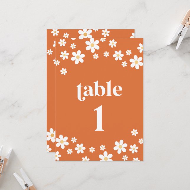 Retro daisy orange bridal shower table number (Front/Back In Situ)